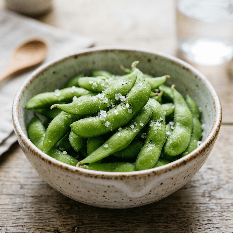A bright, macro shot of steamed edamame pods sprinkled with coarse sea salt in a ceramic bowl.
