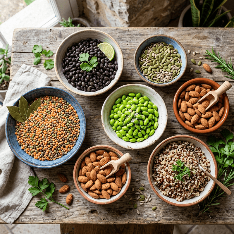 A beautiful arrangement of whole-food plant protein sources like lentils, black beans, edamame, and almonds.