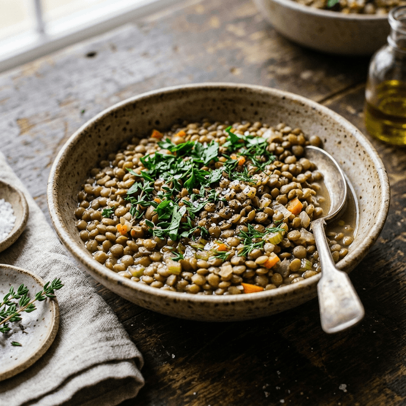 A close-up, rustic food photography shot of a bowl of cooked green lentils with fresh herbs.