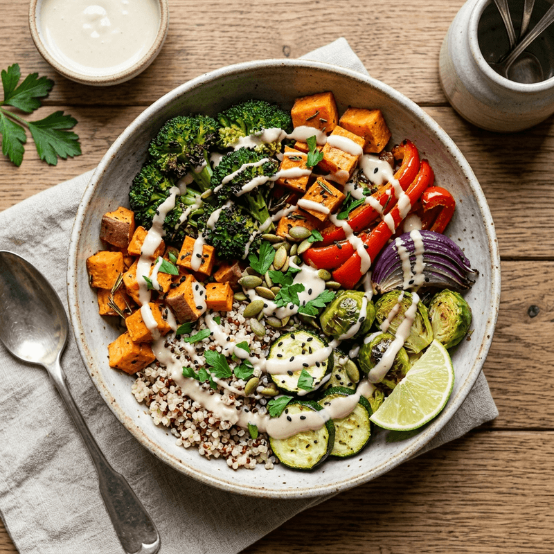 A vibrant, top-down view of a quinoa bowl with colorful roasted vegetables and a tahini drizzle.